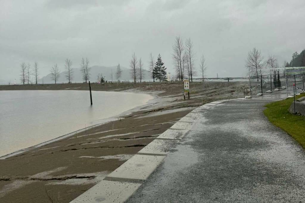Portions of the beach along Harrison Lake are carved by rainwater as heavy rain hits Agassiz-Harrison on Wednesday, Dec. 10. (Loretta Melanson)