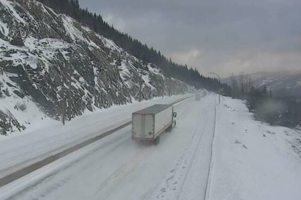 The Coquihalla Summit on Monday morning (March 9). Environment Canada issued a snowfall warning for the Coquihalla Highway with up to 20 cm of snow expected. (Drive BC Photo)