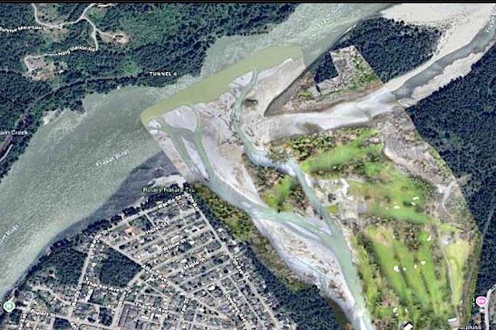 Aerial image of the flood works area proposed on the Coquihalla River which would see bank armouring and other flood protection at the Hope Golf and Country Club. (District of Hope)